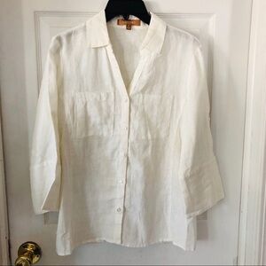 ELLEN TRACY cream 100% linen button up lightweight summer blouse Size small